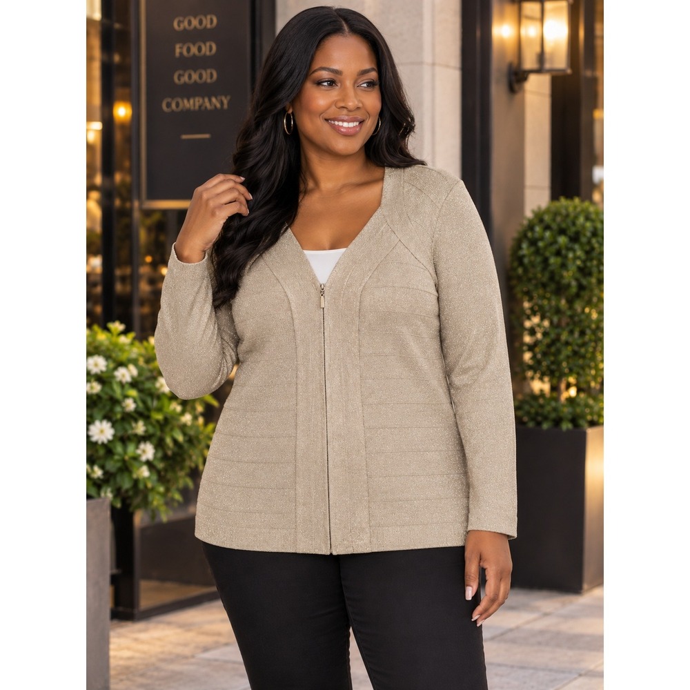 Lane Bryant 14/16 NWT Gold Metallic Shimmer Zip Front Cardigan Sweater Jacket